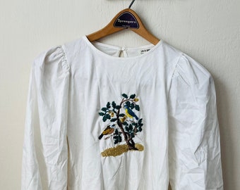 Sz XS/S: Handembroidered Upcycled Poet Puff Sleeve Blouse with Medieval Inspired Bird Illumination Designs