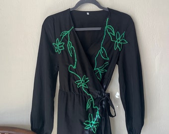 Sz S: Upcycled Embroidered Black Wrap Dress with Green Flowers