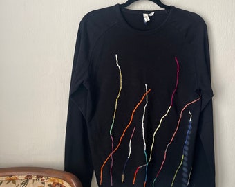 Sz M: Upcycled Embroidered Rainbow Line Longsleeve Shirt