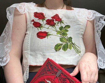 Sz M: Upcycled Vintage Handkerchief and Linen Rose Top