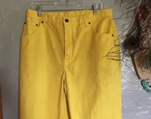 Size 14 14W 1960s 1970s vintage bright yellow denim jeans, vintage plus size jeans, vintage yellow skinny jeans, vintage tall jeans