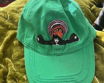 Upcycled Embroidered Hat: Alphonse Mucha ‘The Sirens’ Mermaid and Seashell Green Ballcap