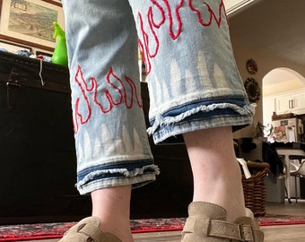 Sz 8/10: Flamin Babe Embroidered Upcycled Jeans