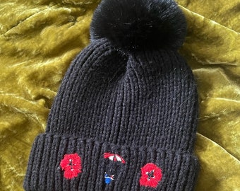 Upcycled Embroidered Hat: Poppy and Hot Air Balloon