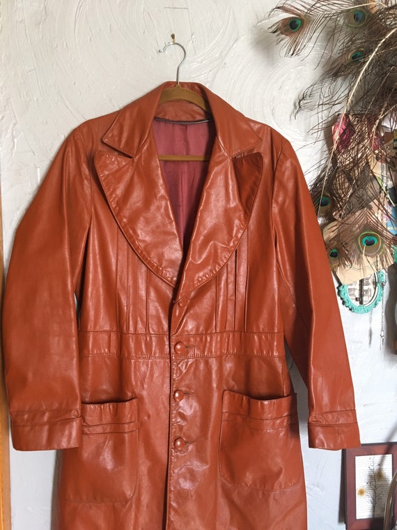 Sz M/L: 1970s Burnt Orange Leather Large Lapel Lon