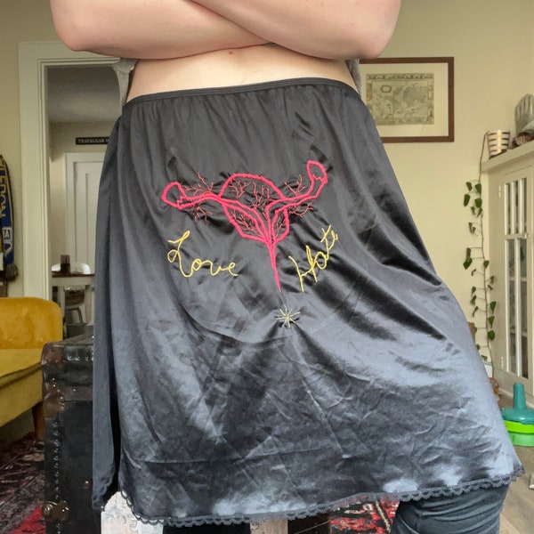 Sz XL/XXL: Feminist Ovary Love/Hate Embroidered Upcycled Half Slip Skirt