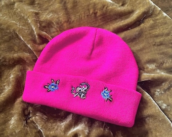 Upcycled Embroidered Hat: Rockabilly Hot Pink Snake Tamer Lithograph and Blue Roses