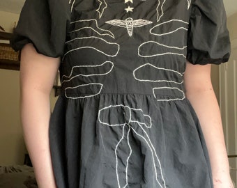 Sz L: Upcycled Handembroidered Minimalist Line Bone Skeleton Rockabilly Tattoo Black Puff Sleeve Dress, Phoebe Bridgers Inspired