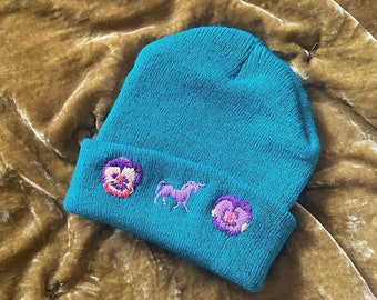 Upcycled Embroidered Hat: Unicorn and Pansy