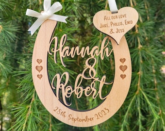 Couples First Names Personalised Lucky Wooden Wedding Horseshoe Keepsake | Option to add message | Unique Handmade Anniversary Gift | FH2N