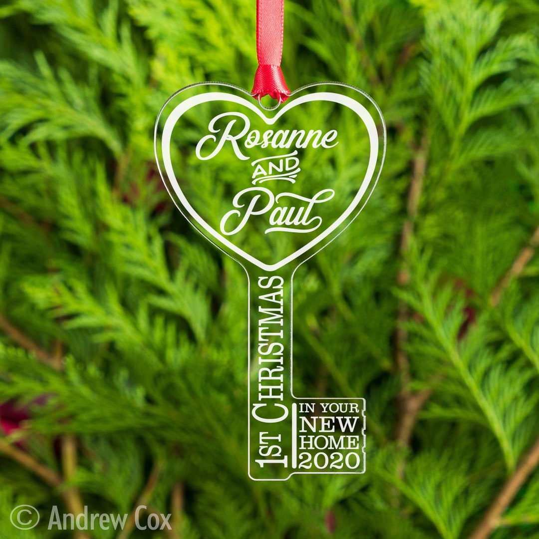 First Christmas in New Home Bauble Key Ornament Engraved up to 5 Names