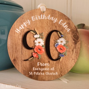 Personalised Happy 90th Birthday Milestone Gift | Hanging Card Alternative Keepsake Decoration| Rustic Floral Friend Tag Anniversary