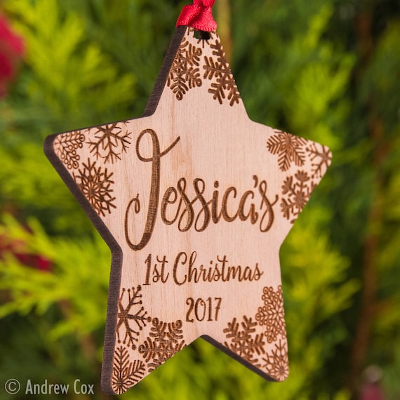 Baby S First Christmas Personalised Wooden Bauble Star Etsy