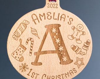 Personalised Baby's First Christmas Bauble | Baby's 1st Xmas Initial Monogram Ornament | Childs Engraved Tree Decoration | New Addition RI