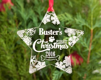 Pet Dog or Puppy's First Personalised Christmas Star Bauble Ornament | Dog's 1st Xmas Decoration | Engraved Snowflake and Bone Star Gift DS1