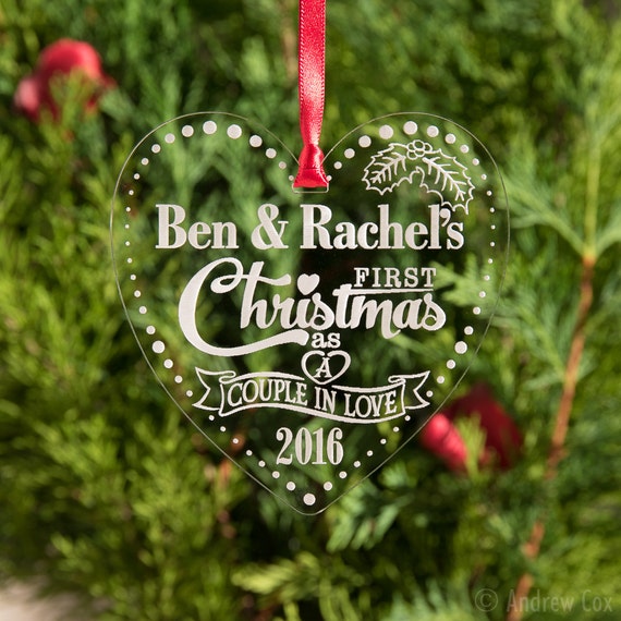 Xmas Tree Decoration Bauble Gift Clear. First Christmas Personalised Love Heart