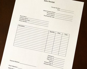 Sales Receipt Downloadable Printable Form, Instant Download, File Document Form