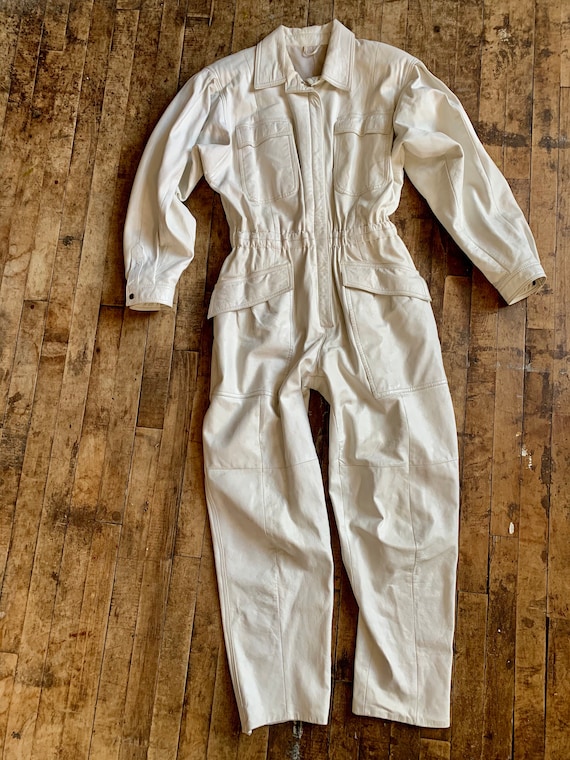 Vintage White Leather Jumpsuit '80s Chic Coveralls