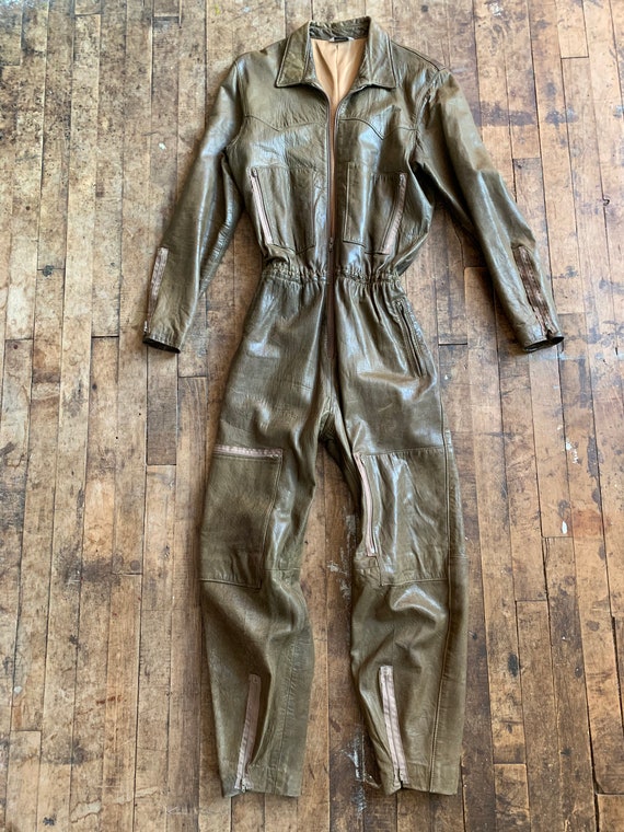 1980s Olive Leather Jumpsuit Medium