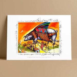 May include: A colorful illustration of a pig wearing a striped cloak and wings, standing on stilts and flying over a small town. The text "...in moments per obedience, joy will resurrect..." is written around the image.