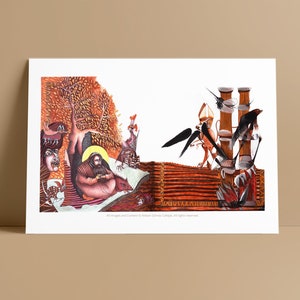May include: A colourful, abstract collage depicting a man reading a book in a woodland setting. The scene is divided into two sections, with a wall separating the forest from a cityscape. The cityscape features a building with columns and birds perched on top. The artwork is painted in a vibrant palette of reds, oranges, and yellows.