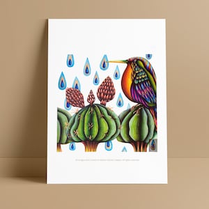 May include: A colorful bird with a long beak perches on a green cactus. Blue raindrops fall from the sky. The bird has a red, orange, yellow, green, blue, and purple pattern. The cactus has a green body and brown flowers. The background is white.