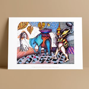 May include: A colorful, abstract illustration of a dog, elephant, and a person. The elephant is carrying a boat on its back. The illustration is done in a variety of colors, including blue, green, red, and yellow. The background is a white paper with a black and white checkered pattern.