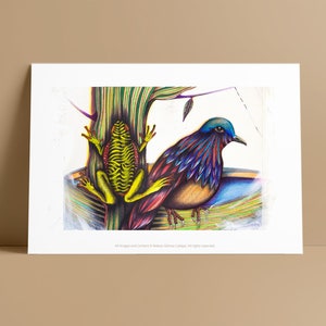 May include: A colourful illustration of a green frog clinging to a tree trunk and a blue and red bird perched on a branch. The artwork is done in a detailed, almost psychedelic style.