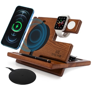 TESLYAR Wood Phone Docking Station Ash Key Holder Wallet Stand Watch Organizer  Wireless Charging Pad Slim Birthday Nightstand