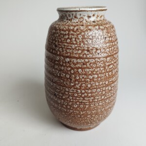 May include: A brown and white ceramic vase with a speckled glaze. The vase has a rounded body and a narrow opening.
