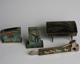 1960s German bronze / btass table set of 4 items, Solingen Donatus cigar cutter with horses, box and other...