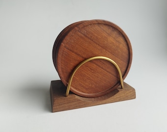 German Teak wood drink Coaster set (of 6) with holder, Mid Century 1960s