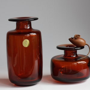 Mid Century 1960s WMF Glass Erich Jachmann set of 2 modernist vases, amber color glass