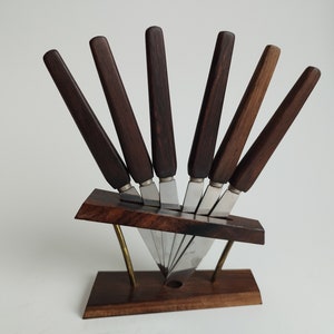 German Solingen Rostfrei Teak wood fruit knives set with stand, vintage 1960s