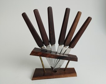 German Solingen Rostfrei Teak wood fruit knives set with stand, vintage 1960s