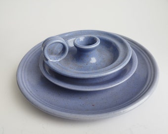 Finnish JUSSIS Keramik candleholder and plates, stoneware, set of 3, Vintage Scandinavian Pottery, Jussis Keramik Aland