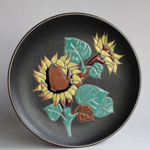 Mid Century 1960s RUSCHA Keramik Wall Plate Sunflowers, Diameter 28 cm, German Pottery