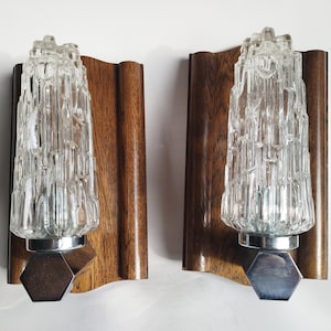 German Hoffmeister oak wood and iced glass wall lamps / sconces, set of 2, Mid century 1960s