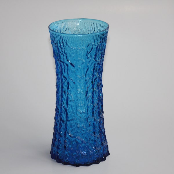 Mid Century WHITEFRIARS style bark texture glass vase mold blown turquoise blue glass, probably by VIKING