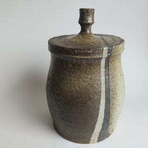 May include: A ceramic jar with a lid, featuring a brown and white glaze with a vertical stripe design. The jar has a rounded body and a slightly flared opening.