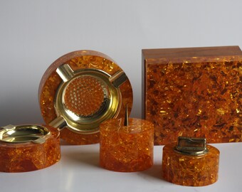 German SOLARSTEIN Shatterline / Teakwood table set of 5 items, candleholder, cigar box, 2 ashtrays and lighter, Mid Century 1960s