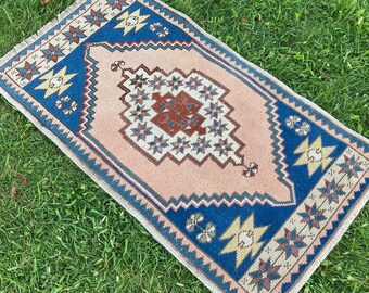 Alfombra Vintage, Alfombra Turca, Alfombra de piso pequeño, Alfombra antigua, Alfombra rosa y azul, Alfombra Oushak, Alfombra Vintage hecha a mano, Alfombras de vida caseras, 2'2x3'94 ft