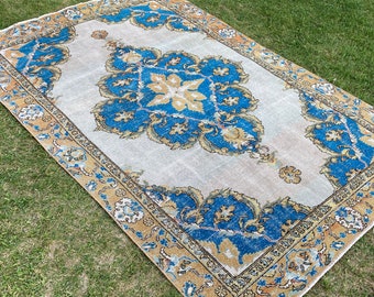 Antique Turkish Decorative Large Rug, Gran and Blue Medallion Oushak Rug, Distressed Handmade Blue Rug, Vintage Rugs, Home Living, 5'10"x 9'