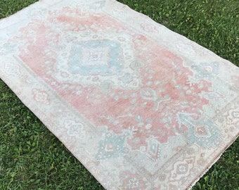 3’8"x6’2" ft, Nomadic Rugs, Turkish Rug, Vintage Rug, Distressed Oriental Low Pile Rug, Faded Antique Rug, Muted Oushak Rug, Wool Area Rug