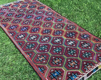 4'33x9'25 ft, Turkish Oushak Rug, Vintage Rug, Embroidery Kilim Rug, Hand Woven Rug, Oriental Pink Kilim Rug, Turkish Rug Large, Carpet