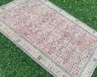 4'9 "x7' ft, alfombra persa antigua, alfombra vintage grande, alfombra anudada a mano de pila baja angustiada, interior y vida, alfombra turca Oushak