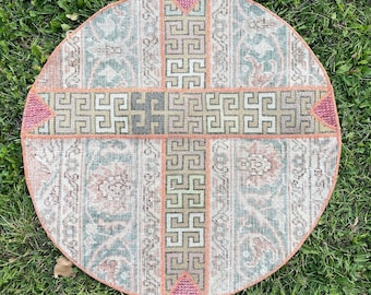 Hand Weaving Round Rug, Table Circle Rug, Oval Small Rug, Vintage Turkish Rug, 2’4x2’4 Round Bathing Rug, Bath Mat Rug, Circle Door Rug