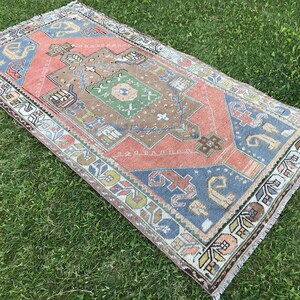 Free Shipping Vintage Oushak Rug, Turkish Vintage Rug, Faded Color Rug, Saloon Rug, Distressed-Low Pile Wool Area Rug, 3&#39;5x6&#39;9 Handmade Rug