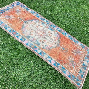 Vintage Oushak Runner Rug, Turkish Oriental Rug Runner, Rustic Decorative Kitchen Runners, Hand Knotted Tribal Rug Runner, 3&#39;x7’1&quot; ft