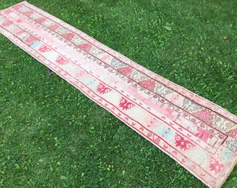 Vintage Pink Narrow Runner, Vintage Oushak Runner, Handmade Runner, Hallway Rug, Entryway Rug, Stair Rug, Rug Runner, Home Living,2’07x10’56